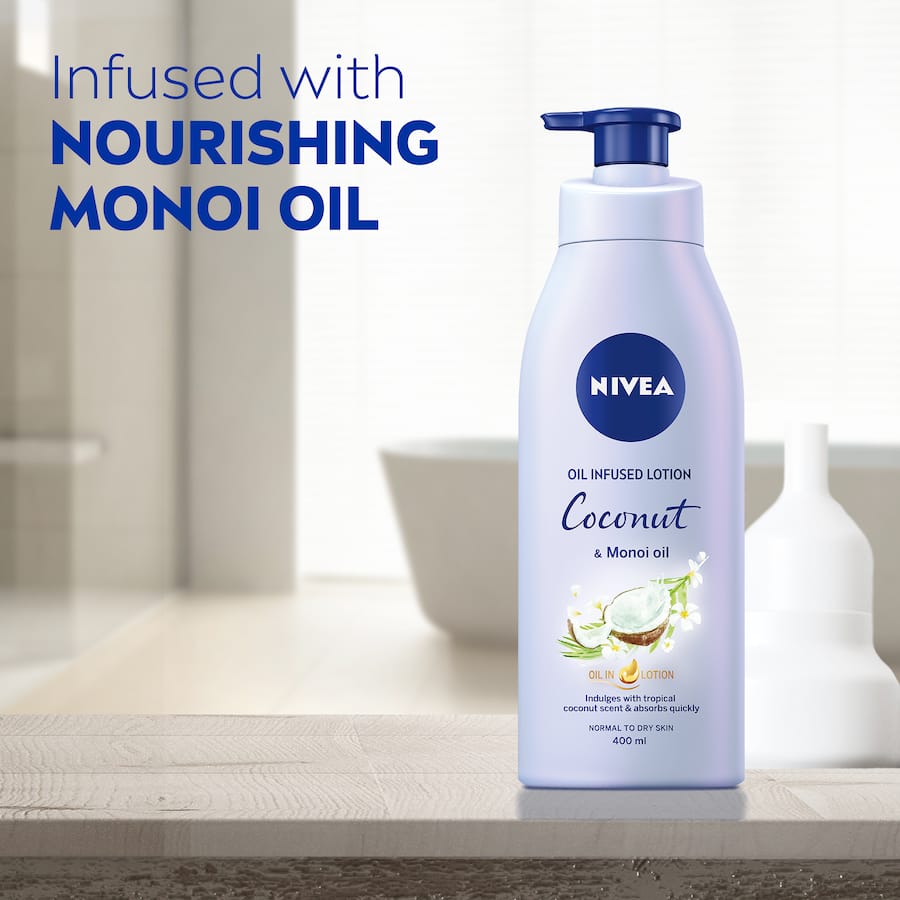 Nivea Body Lotion Coconut & Monoi Oil, offering 24-hour hydration and a tropical scent for silky, radiant skin.