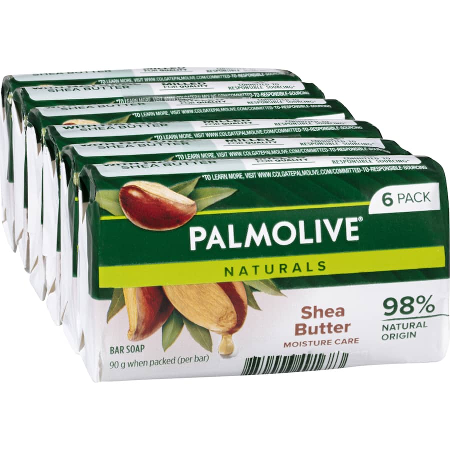 Palmolive Naturals Bar Soap in a Shea Butter Value Pack, enriched with natural ingredients for soft, hydrated skin and soothing scent.
