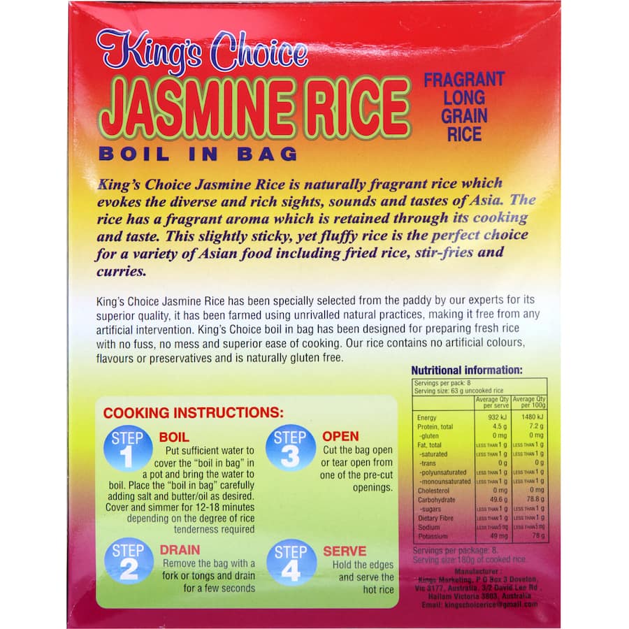 Kings Choice Jasmine Rice Boil In Bag offers fragrant, fluffy rice in convenient boil-in-bags for effortless cooking.