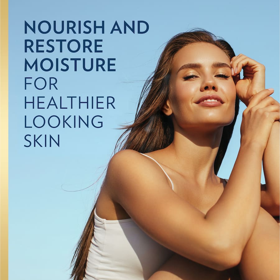 Vaseline Body Lotion for dry skin, infused with oat extract and jelly micro-droplets, offers fast absorption and deep hydration.