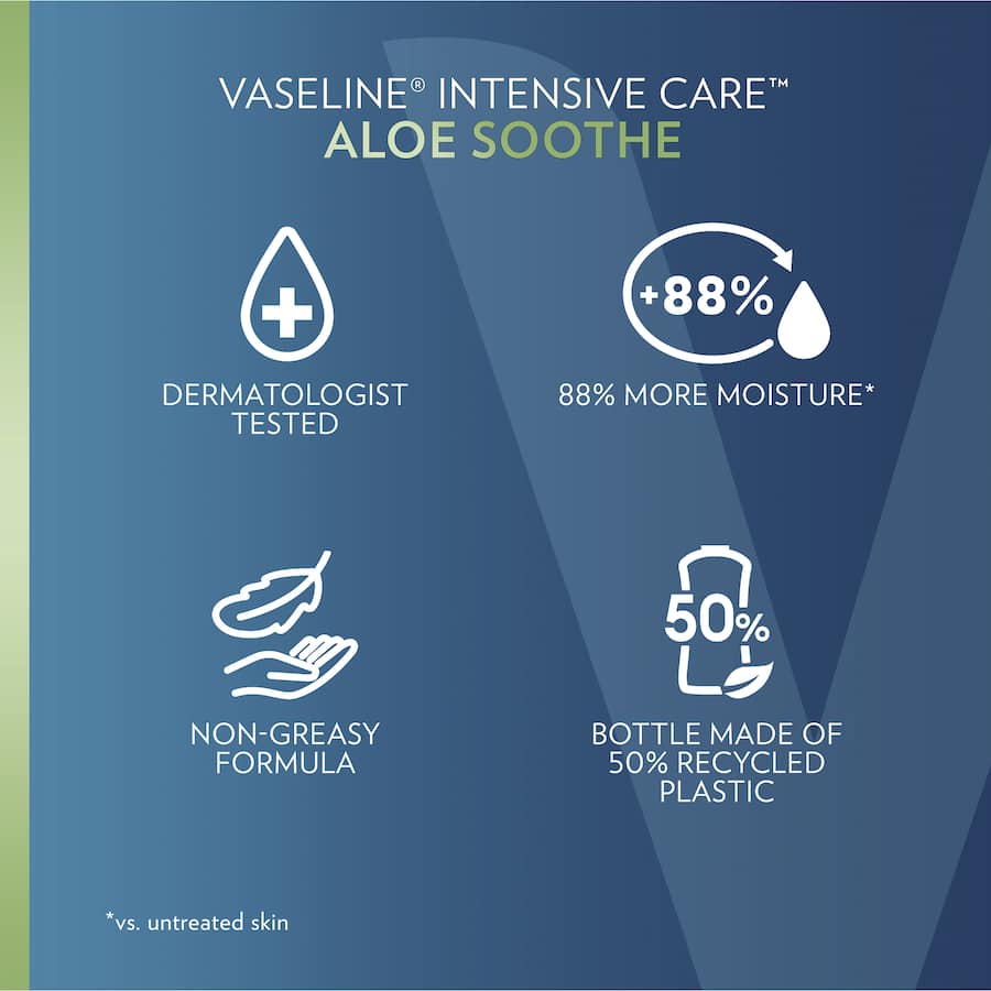 Vaseline Body Lotion Aloe Vera: soothing lotion for very dry skin, infused with aloe extract and pure Vaseline jelly for deep moisture.