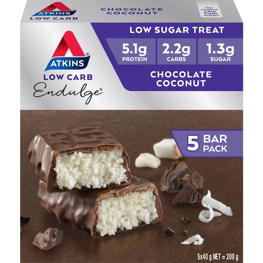 Atkins Endulge Nutrition Bar Chocolate Coconut, a low-carb snack with rich chocolate and coconut flavors, perfect for guilt-free indulgence.