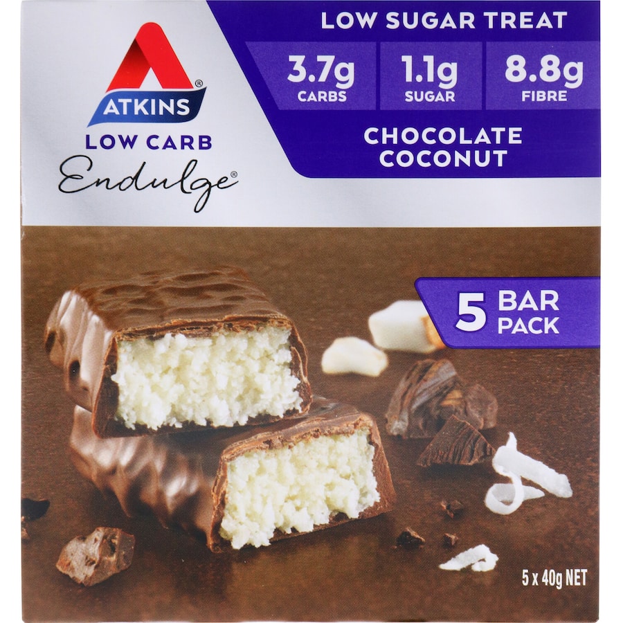 Atkins Endulge Chocolate Coconut bar, low-carb snack with rich chocolate and coconut, perfect for guilt-free indulgence.