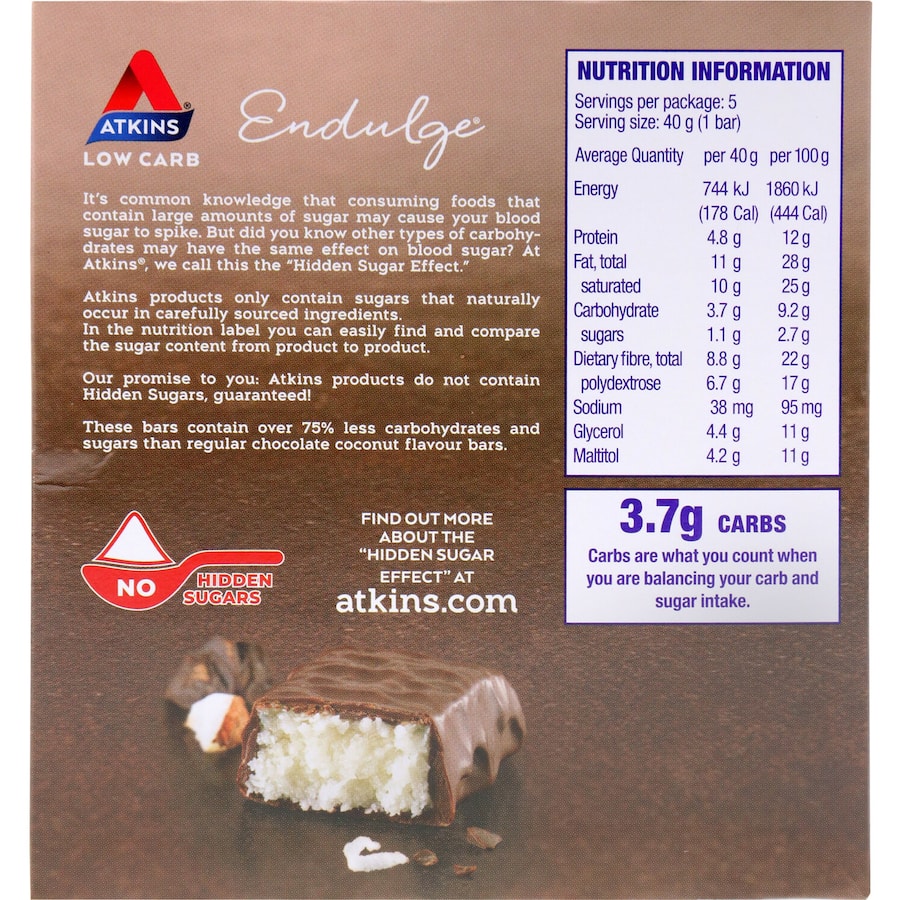 Atkins Endulge Chocolate Coconut bar, low-carb treat with dark chocolate and coconut, perfect for guilt-free snacking.