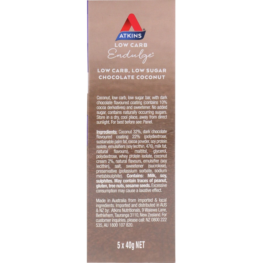 Atkins Endulge Chocolate Coconut Bar, low-carb treat with dark chocolate and coconut, perfect for guilt-free snacking.