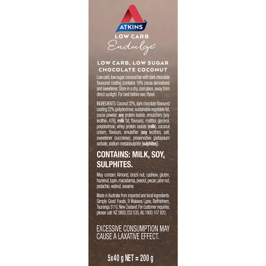 Atkins Endulge Nutrition Bar featuring rich dark chocolate and coconut, low in carbs and sugar, perfect for guilt-free snacking.