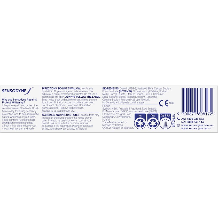 Sensodyne Repair and Protect Whitening toothpaste for sensitive teeth, featuring NovaMin for sensitivity relief and whitening.
