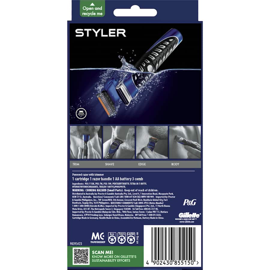 Gillette Styler 4 In 1: versatile grooming tool with Fusion ProGlide blades, adjustable combs, and precision edging for a polished look.