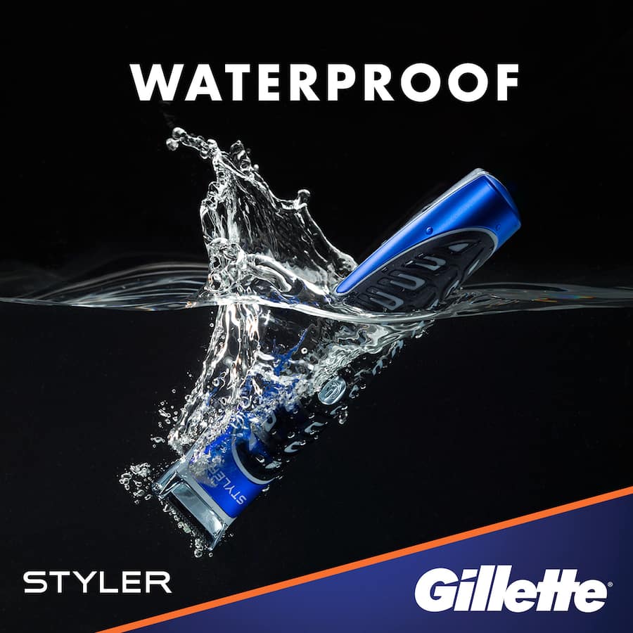 Gillette Styler 4 In 1 trimmer and razor combo, featuring adjustable combs for custom lengths and precise edging.