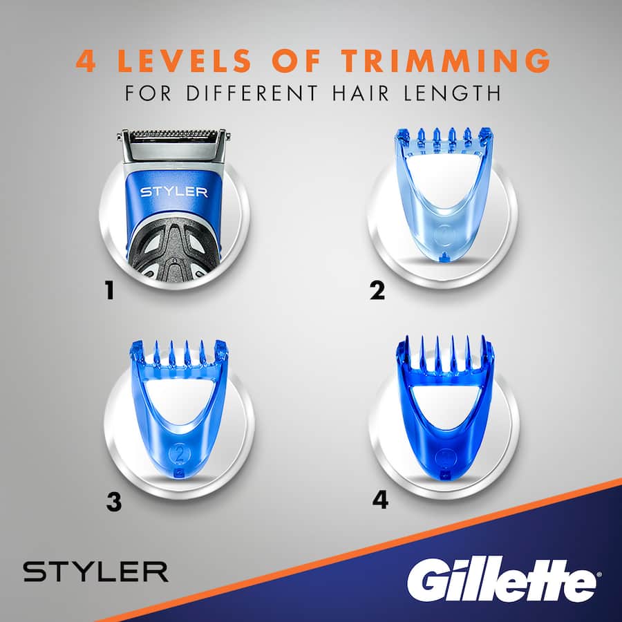 Gillette Styler 4 In 1: Versatile grooming tool for trimming, shaving, and edging with precision and comfort features.
