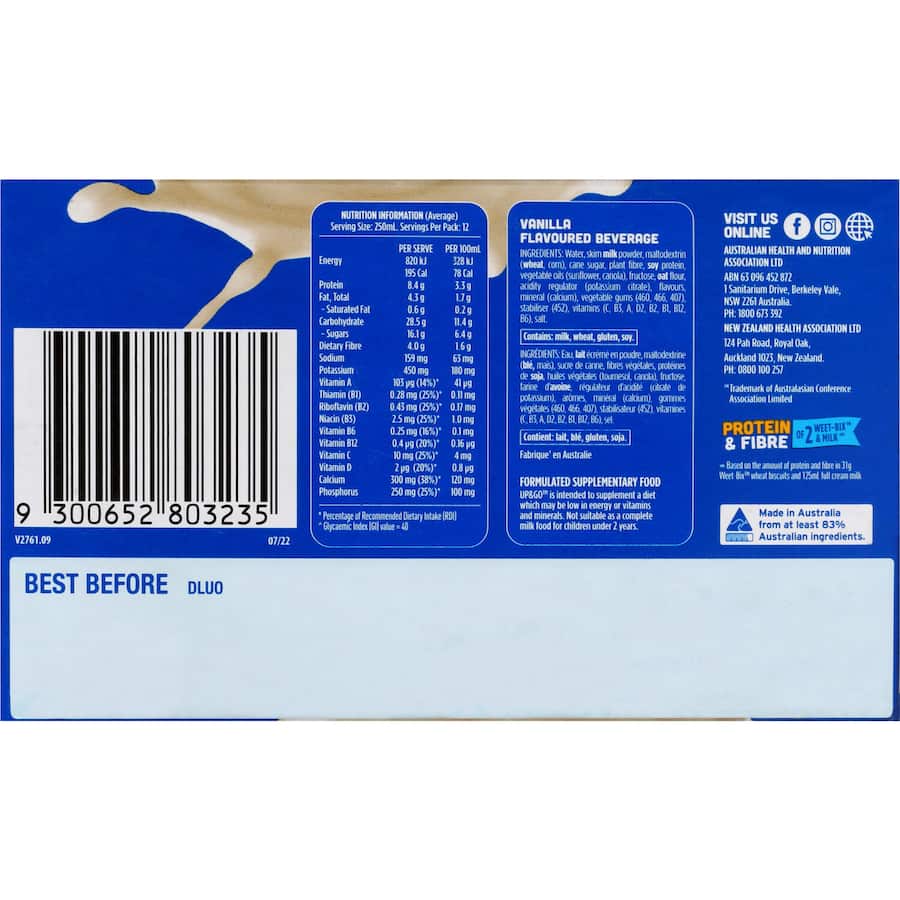 Sanitarium Up & Go Liquid Breakfast Vanilla Ice Pack, a nutritious and convenient meal with 10 vitamins and low GI for busy mornings.