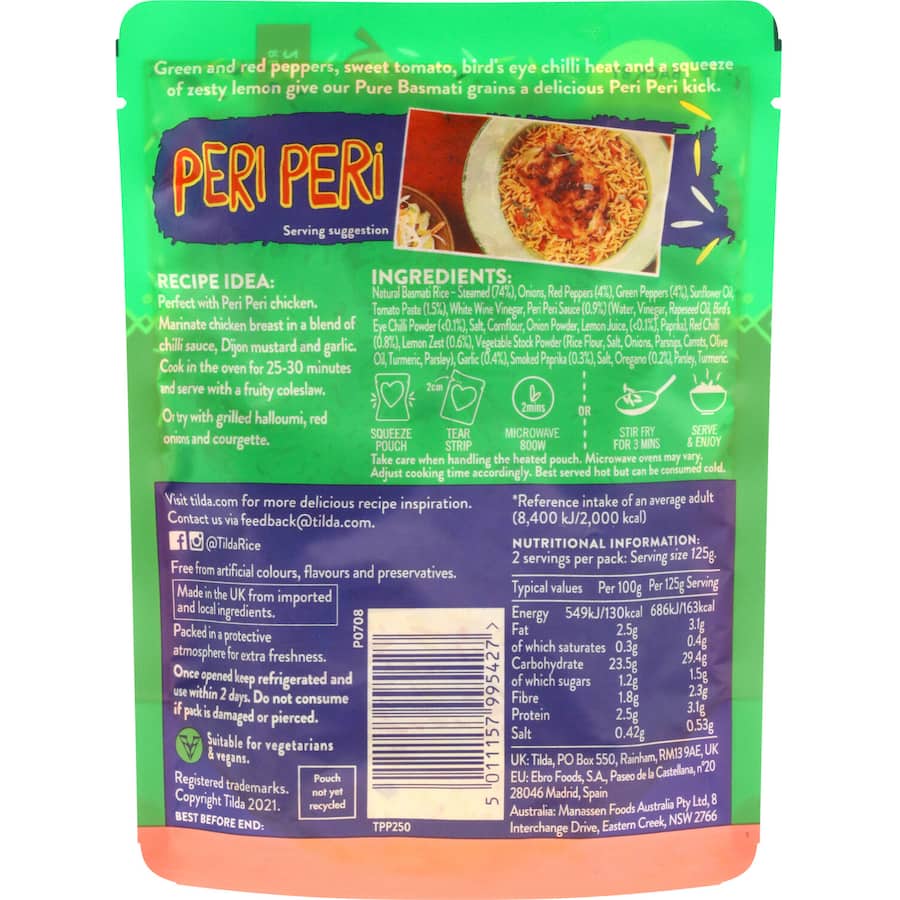 Microwavable Tilda Steamed Rice Peri Peri Basmati, infused with spicy flavors and zesty lemon, perfect for quick meals.