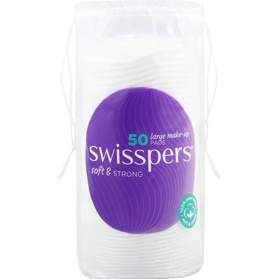 Large Swisspers cotton pads made from 100% pure cotton, ideal for gentle makeup removal and skincare routines.