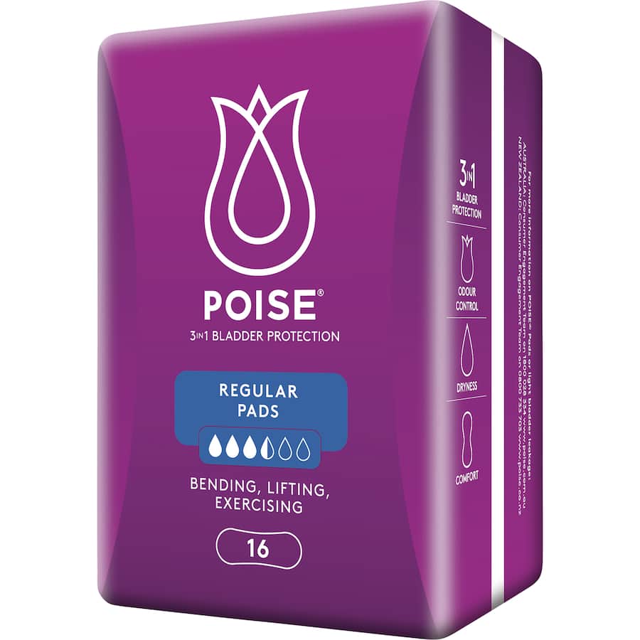 Poise Women's Continence Pads Regular offer discreet, comfortable protection for light bladder leakage with a soft, breathable cover.