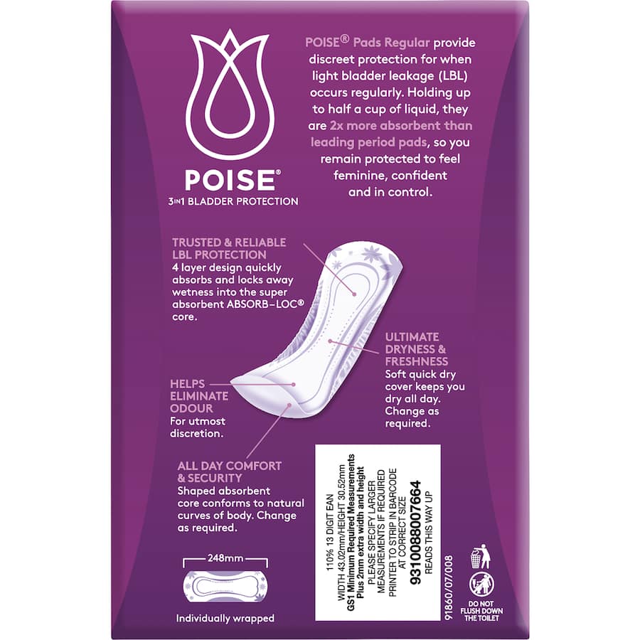 Poise Women's Continence Pads Regular offer discreet, comfortable protection with a 4-layer absorbent core for light bladder leakage.