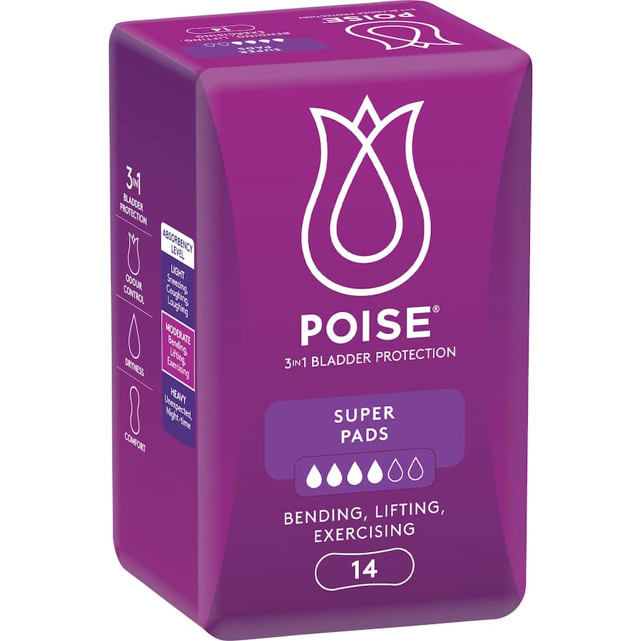 Poise Women's Continence Pads Super provide discreet, absorbent protection for light bladder leakage with a comfortable hourglass shape.