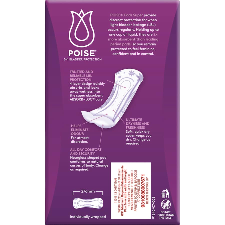 Poise Women's Continence Pads Super provide discreet, absorbent protection for light bladder leakage with a comfortable hourglass shape.