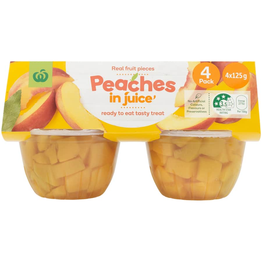 Woolworths Fruit Snack Peaches In Juice 125g pottles 4pack