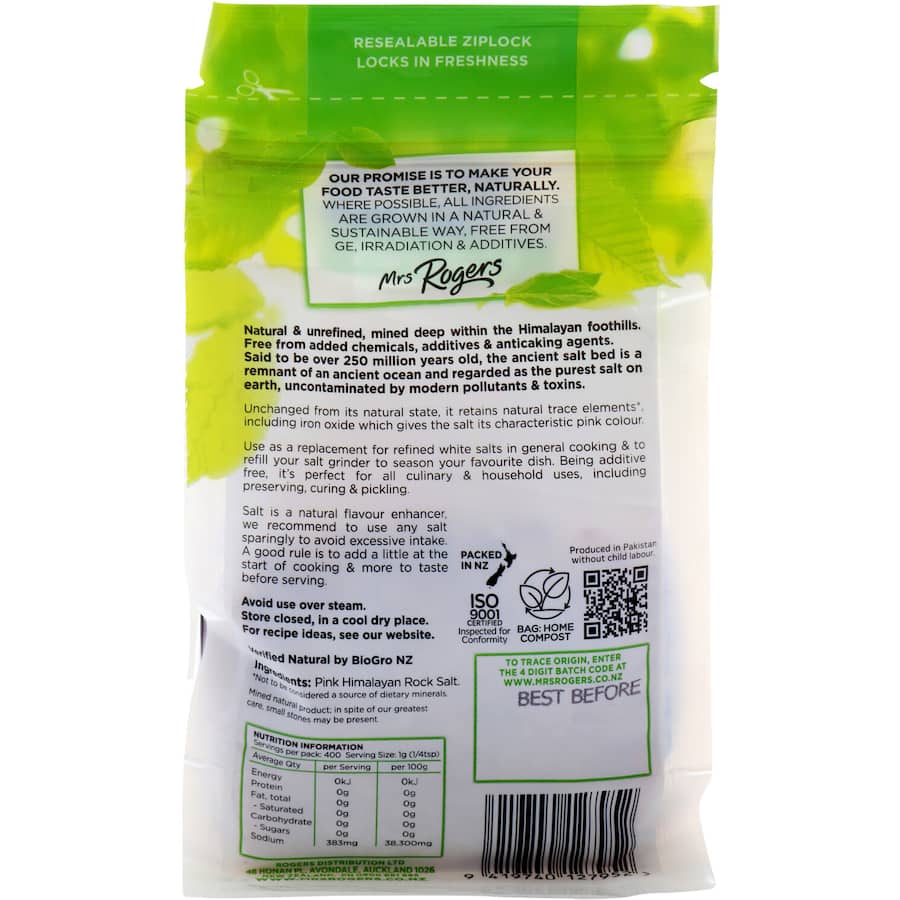 Mrs Rogers Naturals Himalayan Pink Salt Coarse Resealable bag 400g