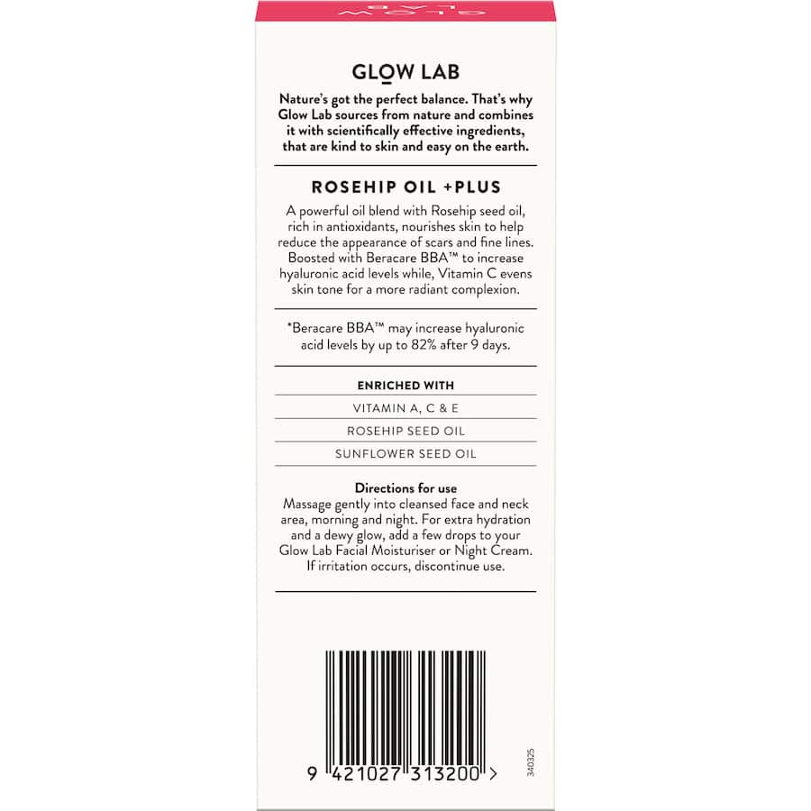Glow Lab Facial Oil Rosehip Plus, a nourishing blend with rosehip oil and Vitamin C, promotes hydration and a radiant complexion.