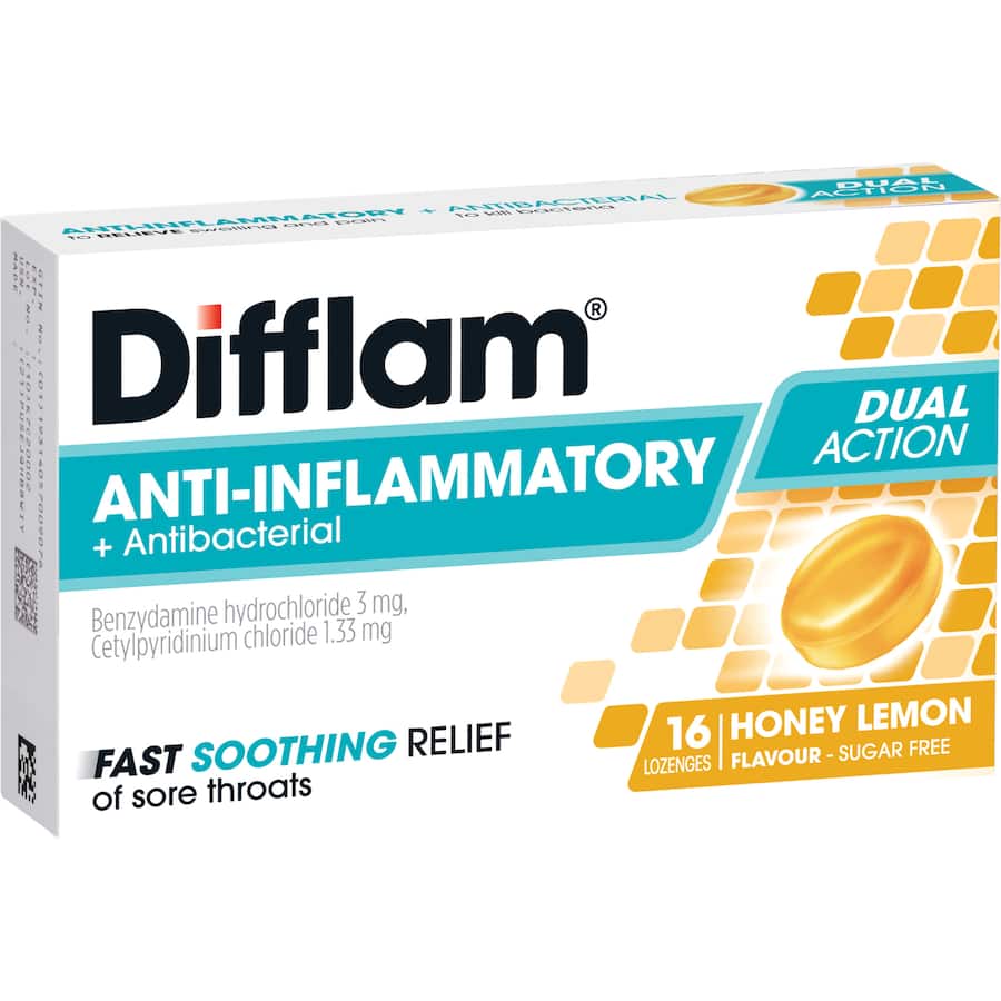 Difflam Honey Lemon Lozenges for soothing sore throat relief, combining anti-inflammatory properties with a refreshing taste.