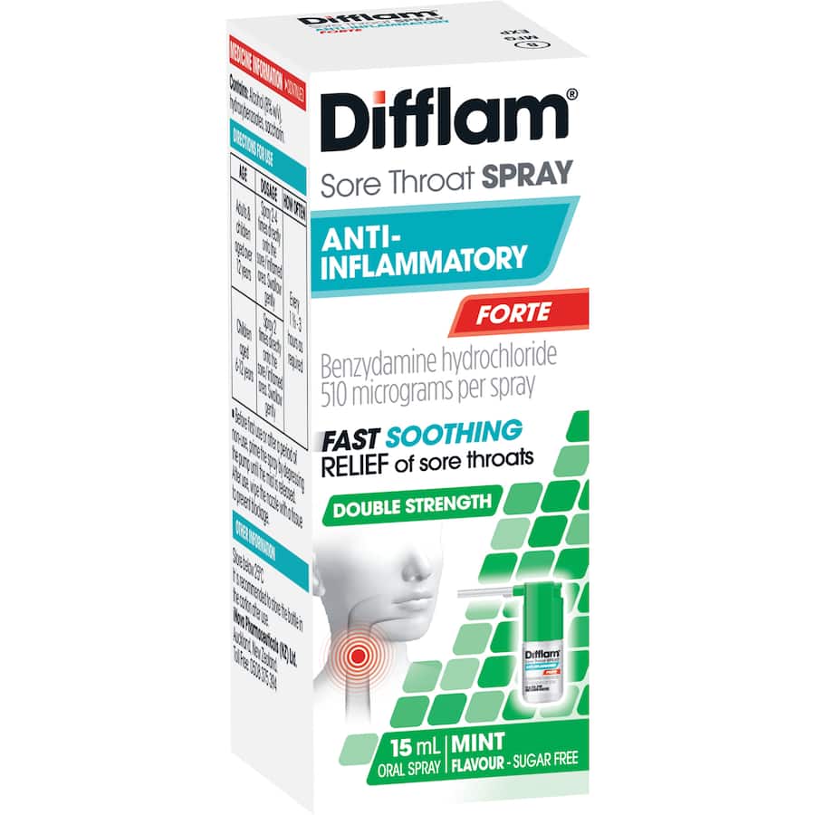 Difflam Forte Mint Spray for sore throat relief, targeting inflammation and providing a refreshing taste.
