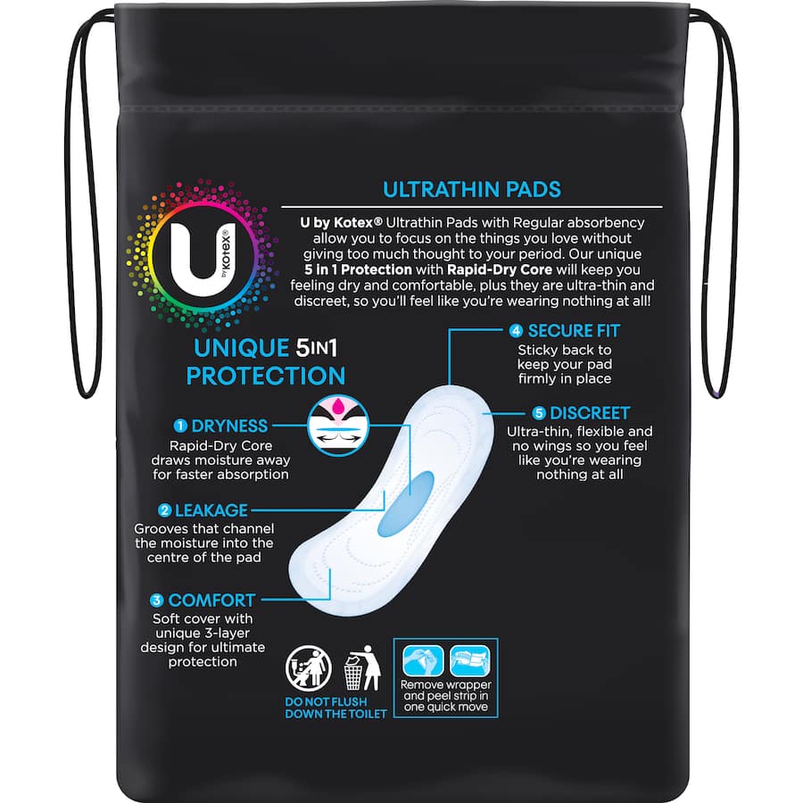Ultra-thin U By Kotex pads with rapid-dry core and no wings for discreet, comfortable protection during medium flow days.