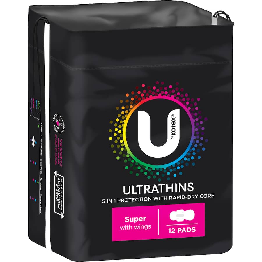 U By Kotex Ultra Thin Pads with Wings: soft, flexible pads featuring rapid-dry technology and wings for secure, discreet protection.