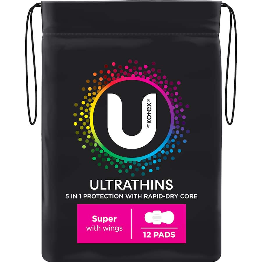 U By Kotex Ultra Thin Pads with Wings, designed for comfort and leak protection during periods, featuring rapid-dry core technology.