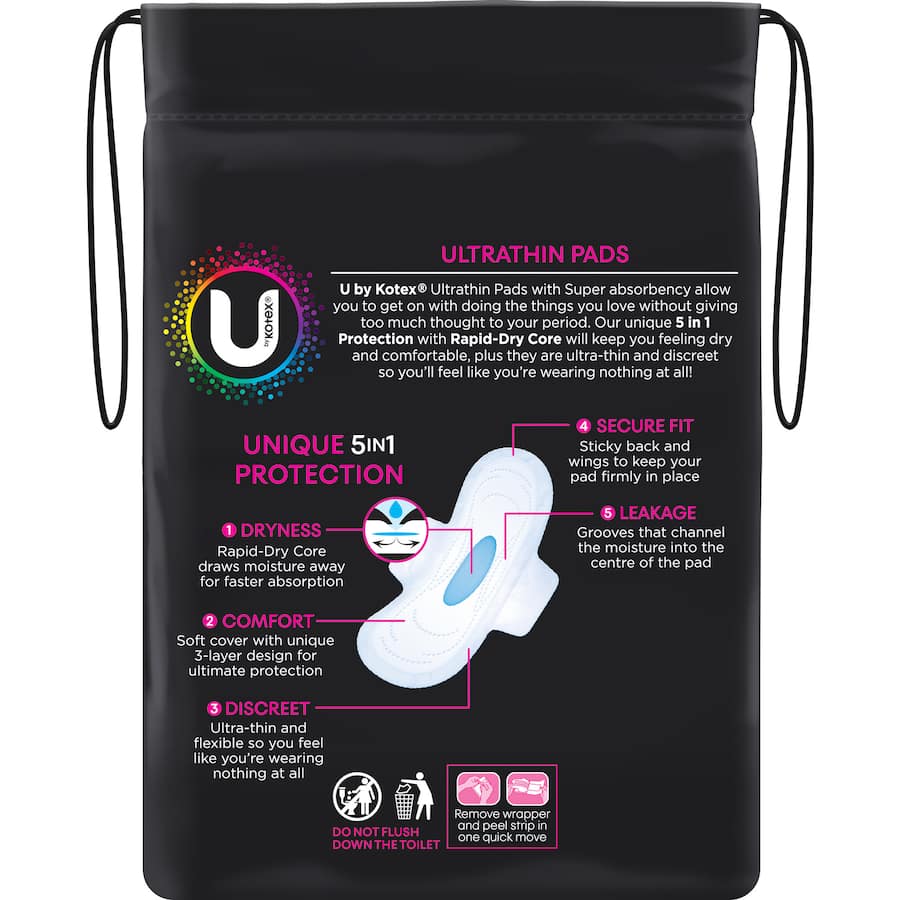 U By Kotex Ultra Thin Pads with Wings: soft, flexible pads featuring rapid-dry core for maximum comfort and leak protection.