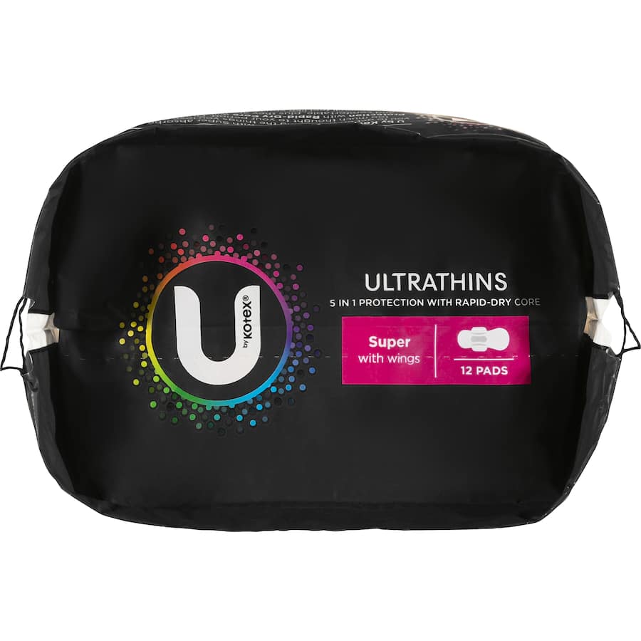 Ultra-thin U By Kotex pads with wings, featuring rapid-dry core and moisture channels for maximum comfort and leak protection.