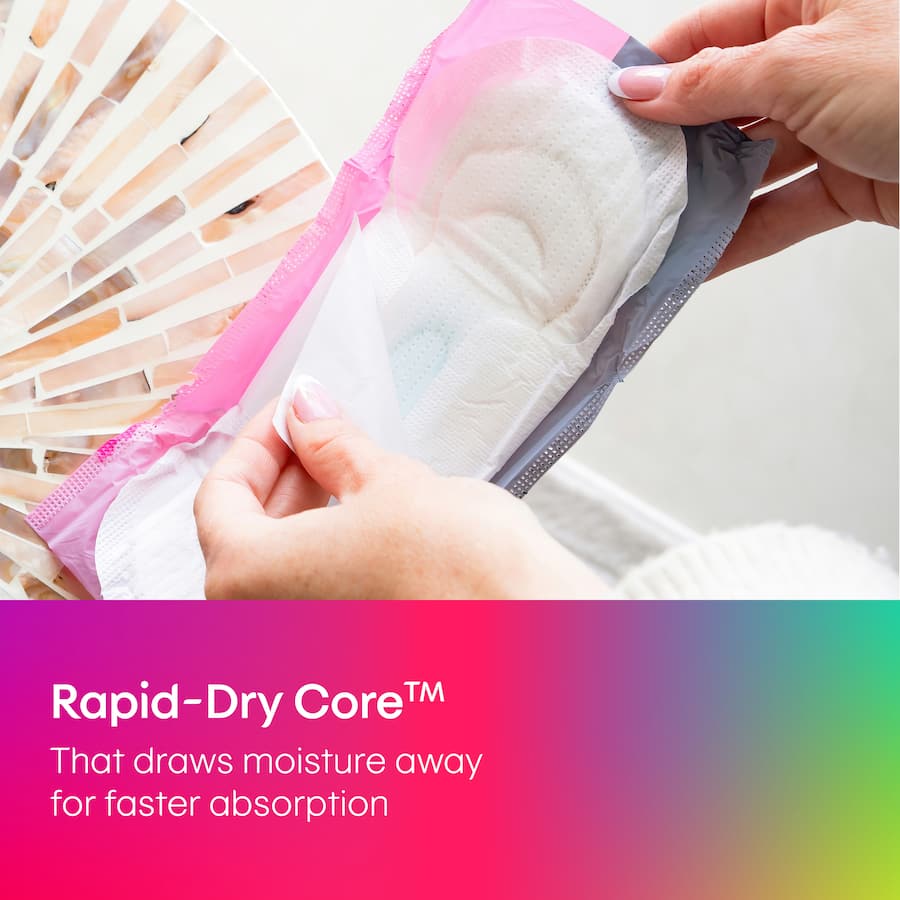 Ultra-thin U By Kotex pads with wings, featuring rapid-dry core technology for fast absorption and maximum leak protection.