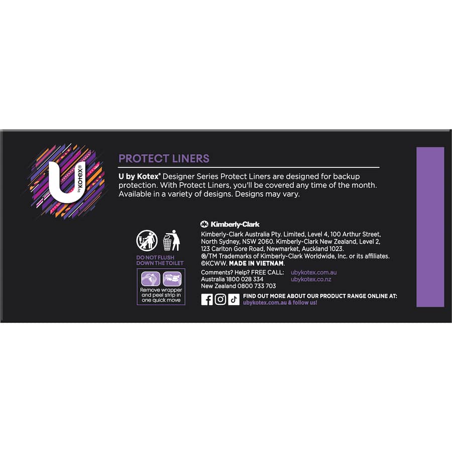 U By Kotex Designs Panty Liners with vibrant prints, absorbent core, and breathable backing for reliable, everyday protection.