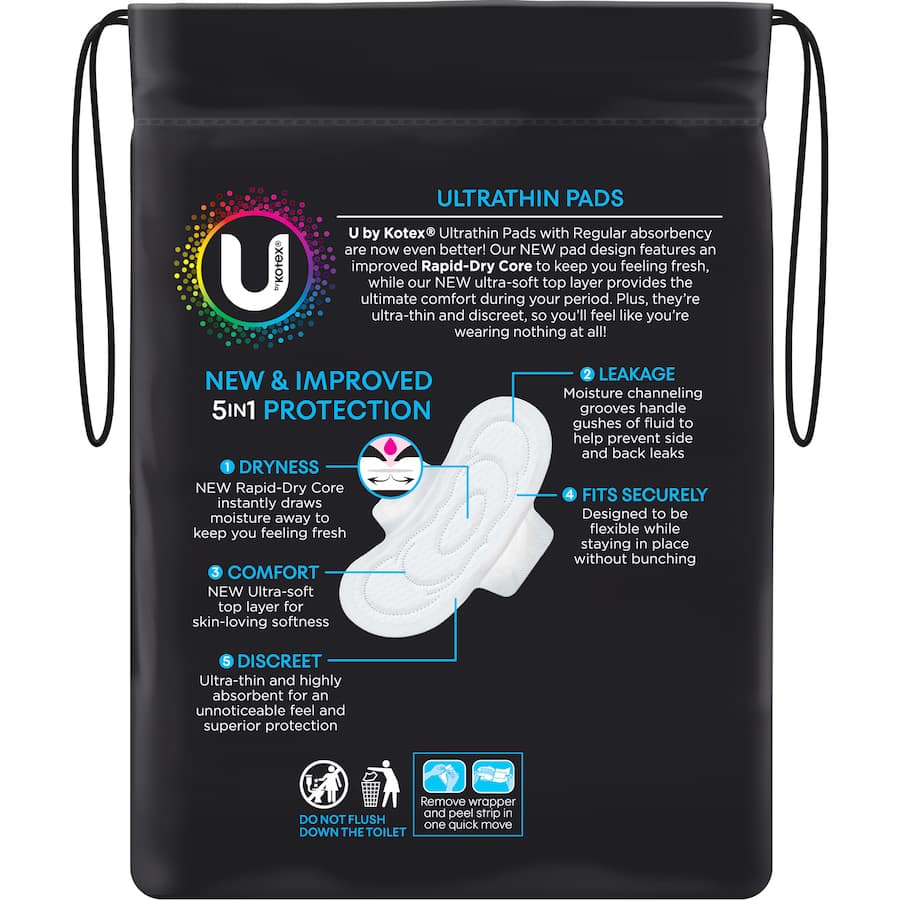 U by Kotex Ultra Thin Pads Regular offer discreet, comfortable protection with rapid-dry core and secure wings for medium flow days.