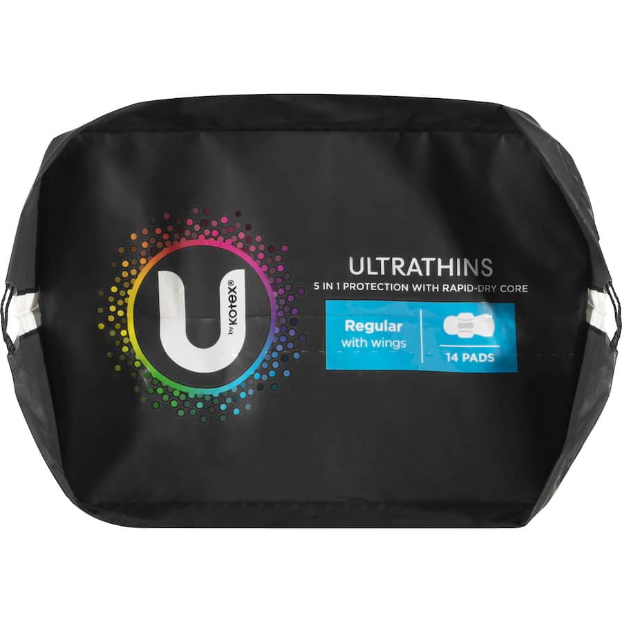 U by Kotex Ultra Thin Pads Regular, featuring rapid-dry core, flexible design, and secure wings for reliable leak protection.