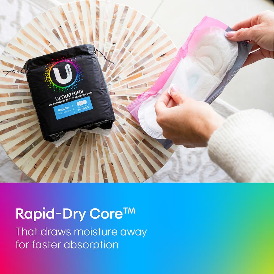 U By Kotex Ultra Thin Pads Regular: super thin, flexible pads with rapid-dry core and secure wings for discreet, reliable protection.