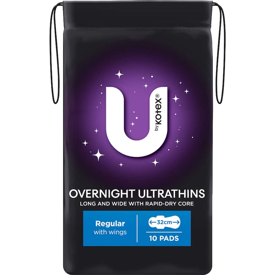 U By Kotex Ultra Thins Overnight Pads with Wings: ultra-thin design, rapid-dry core, maximum absorbency, ideal for heavy flow.