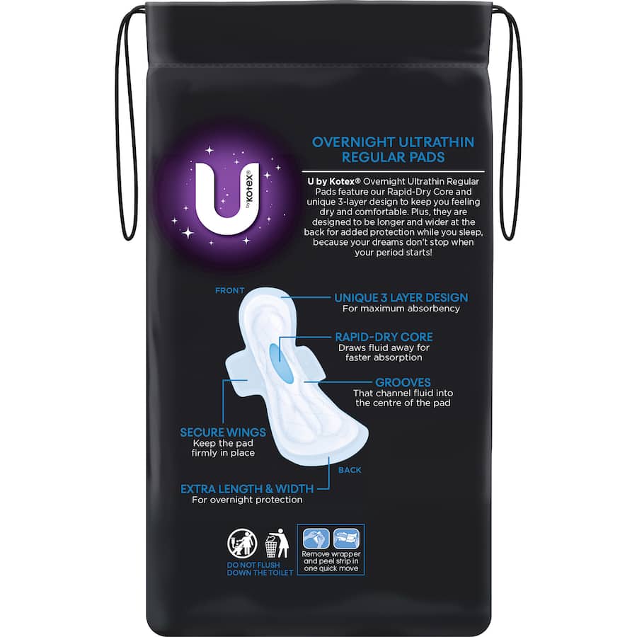 U By Kotex Ultra Thin Overnight Pads with Wings for ultimate comfort, rapid-dry core, and extra leak protection.
