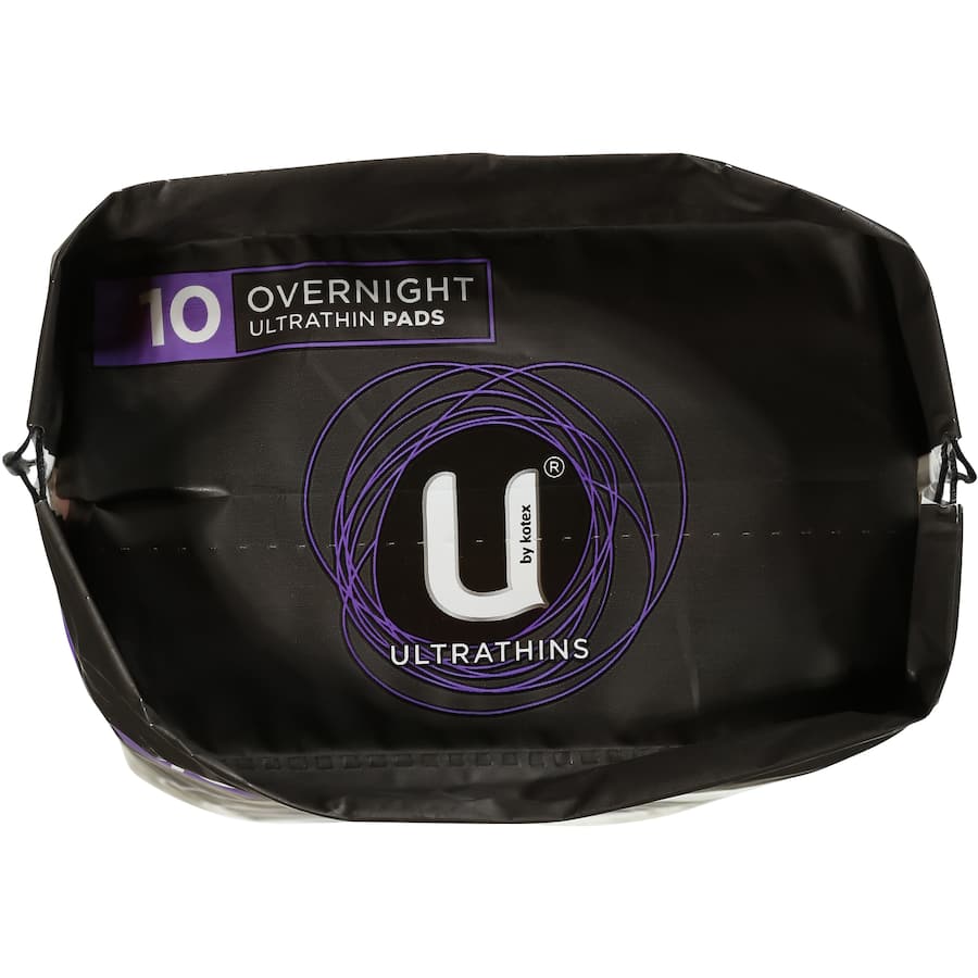 U By Kotex Ultra Thins Overnight Pads with Wings, ultra-thin, rapid-dry core, extra coverage, ideal for heavy flow comfort.