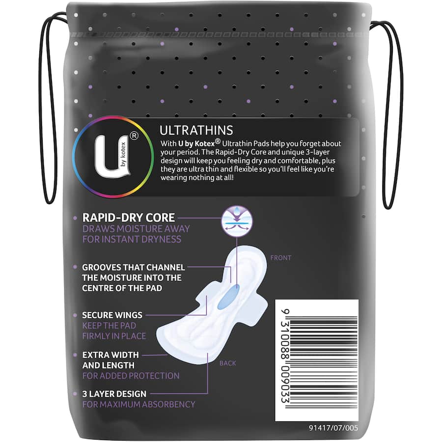 U By Kotex Ultra Thins Overnight Pads with wings for ultimate comfort, rapid-dry core, and maximum absorbency for heavy flow.