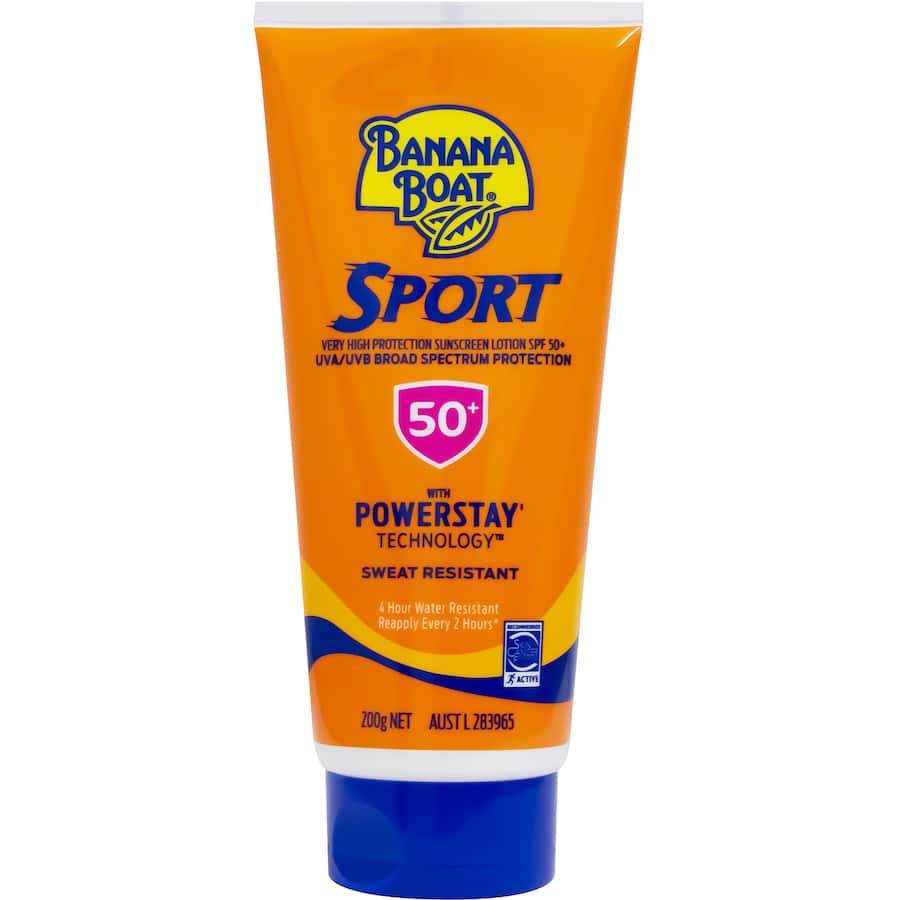 Bottle of Banana Boat Sunscreen Sport SPF 50+, providing non-greasy, water-resistant sun protection for active outdoor activities.
