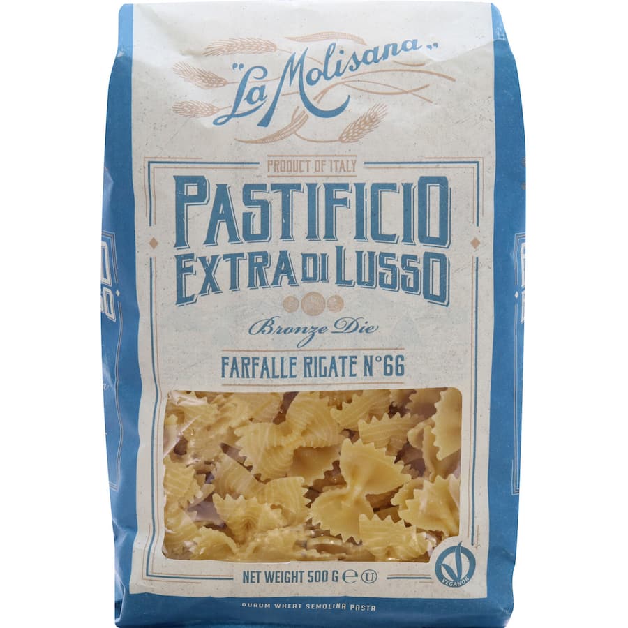 Butterfly-shaped La Molisana Pasta Farfalle, crafted from premium durum wheat for perfect al dente texture.