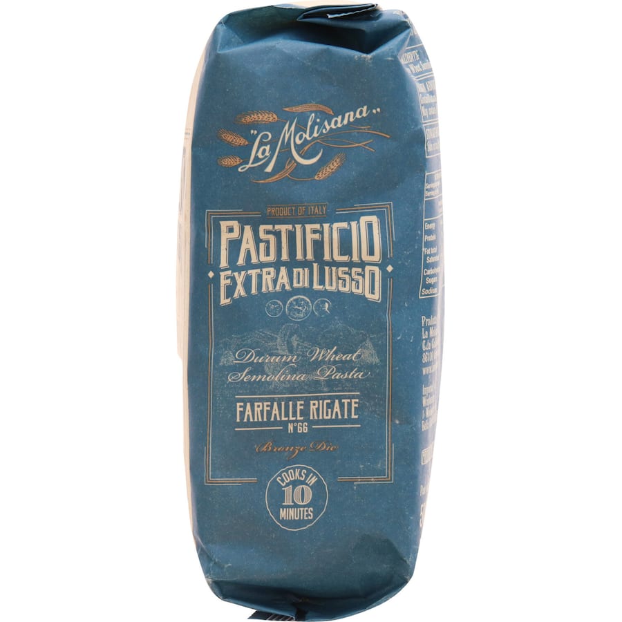 La Molisana Pasta Farfalle, 500g, featuring butterfly-shaped pasta crafted from premium durum wheat for gourmet meals.