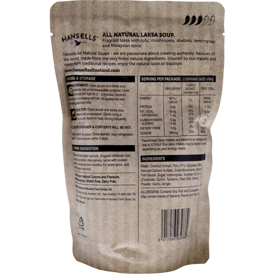 Hansells All Natural Soup Laksa Pouch 400g