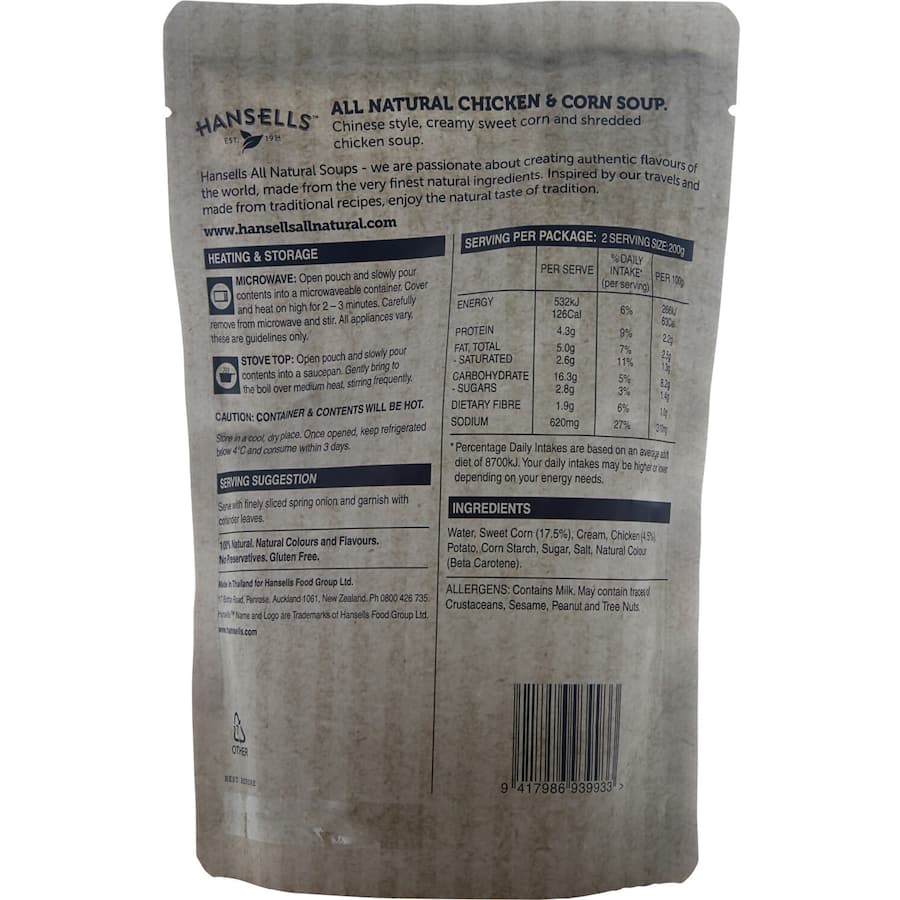 Hansells All Natural Soup Chicken & Corn Pouch 400g