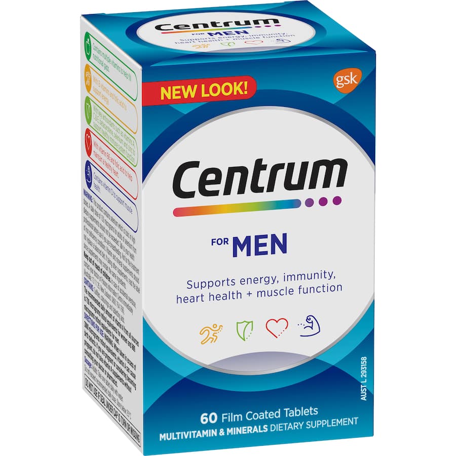Centrum Men Daily Multivitamin supports men's health with vitamin D, magnesium, B vitamins, and antioxidants for energy and immunity.
