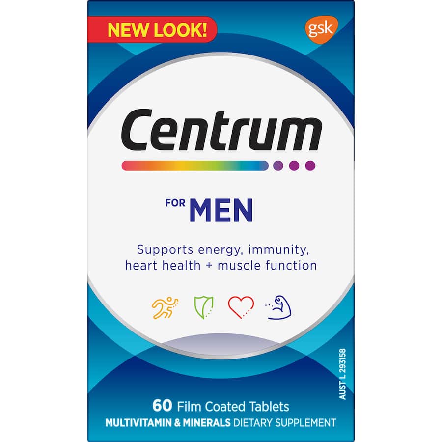 Centrum Men Daily Multivitamin Supplements for enhanced muscle health, energy, and immunity with essential vitamins and minerals.