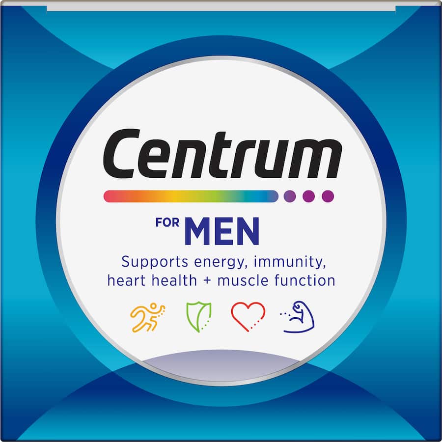 Centrum Men Daily Multivitamins: essential vitamins for muscle health, energy, and immunity, supporting overall men's wellness.