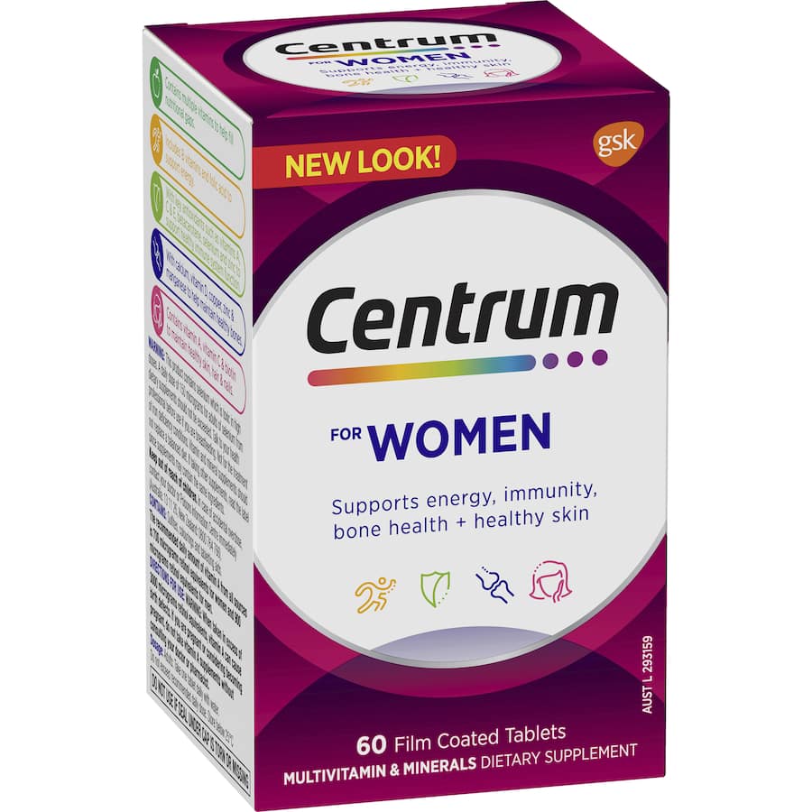 Centrum Women Daily Multivitamin: tailored nutrients for bone health, energy, immunity, and beautiful skin, hair, and nails.