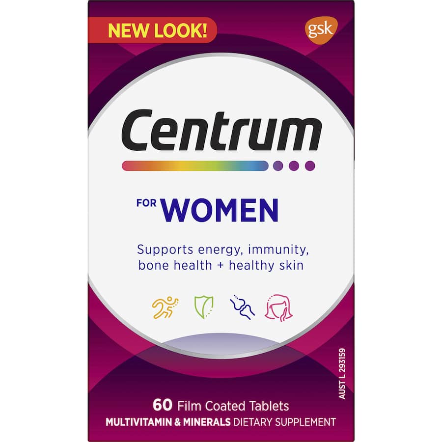 Centrum Women Multivitamins: daily support for bone health, energy, skin, hair, and nails with essential vitamins and minerals.